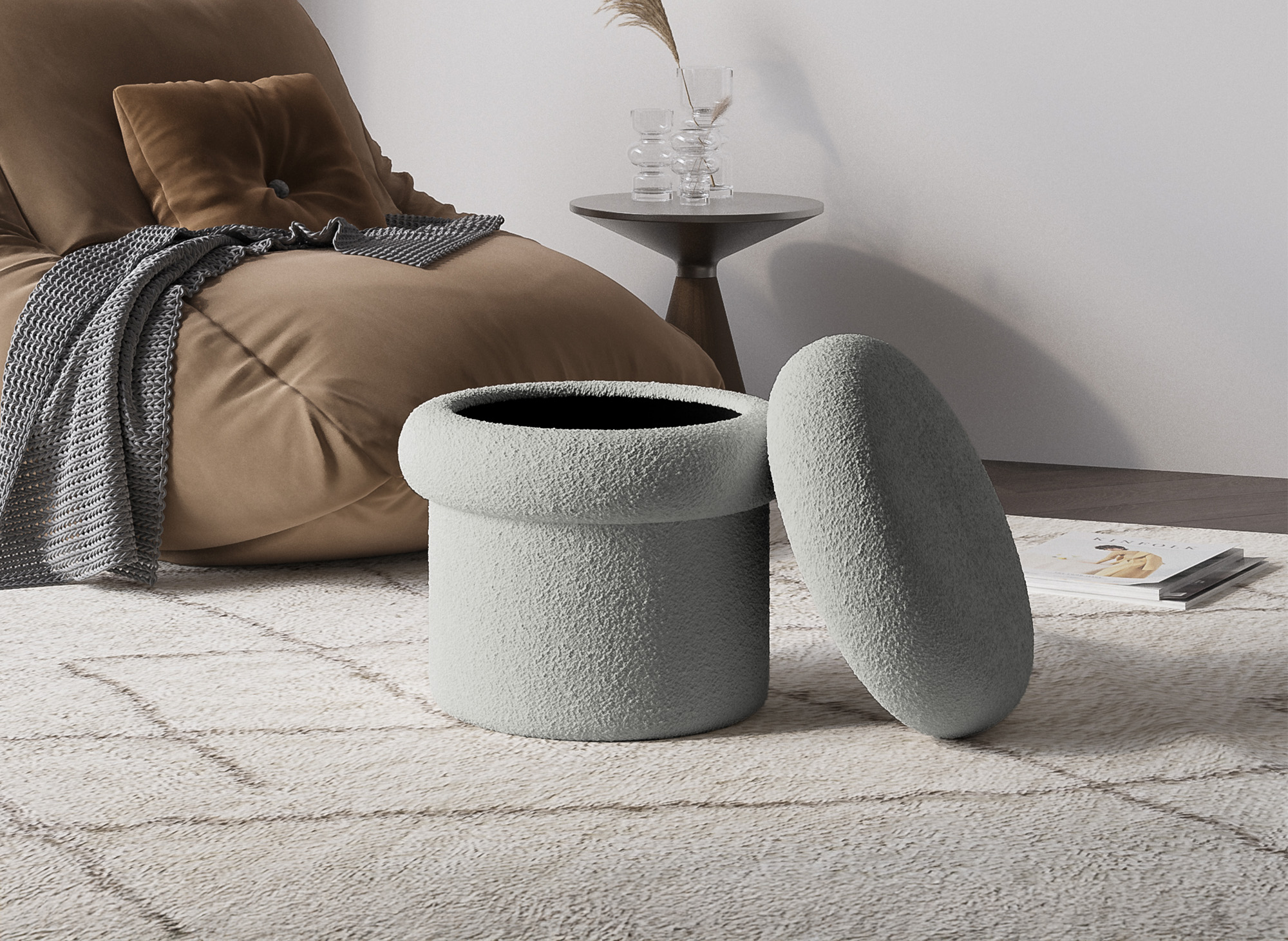 Pouf coffre en tissu bouclette gris SHERA