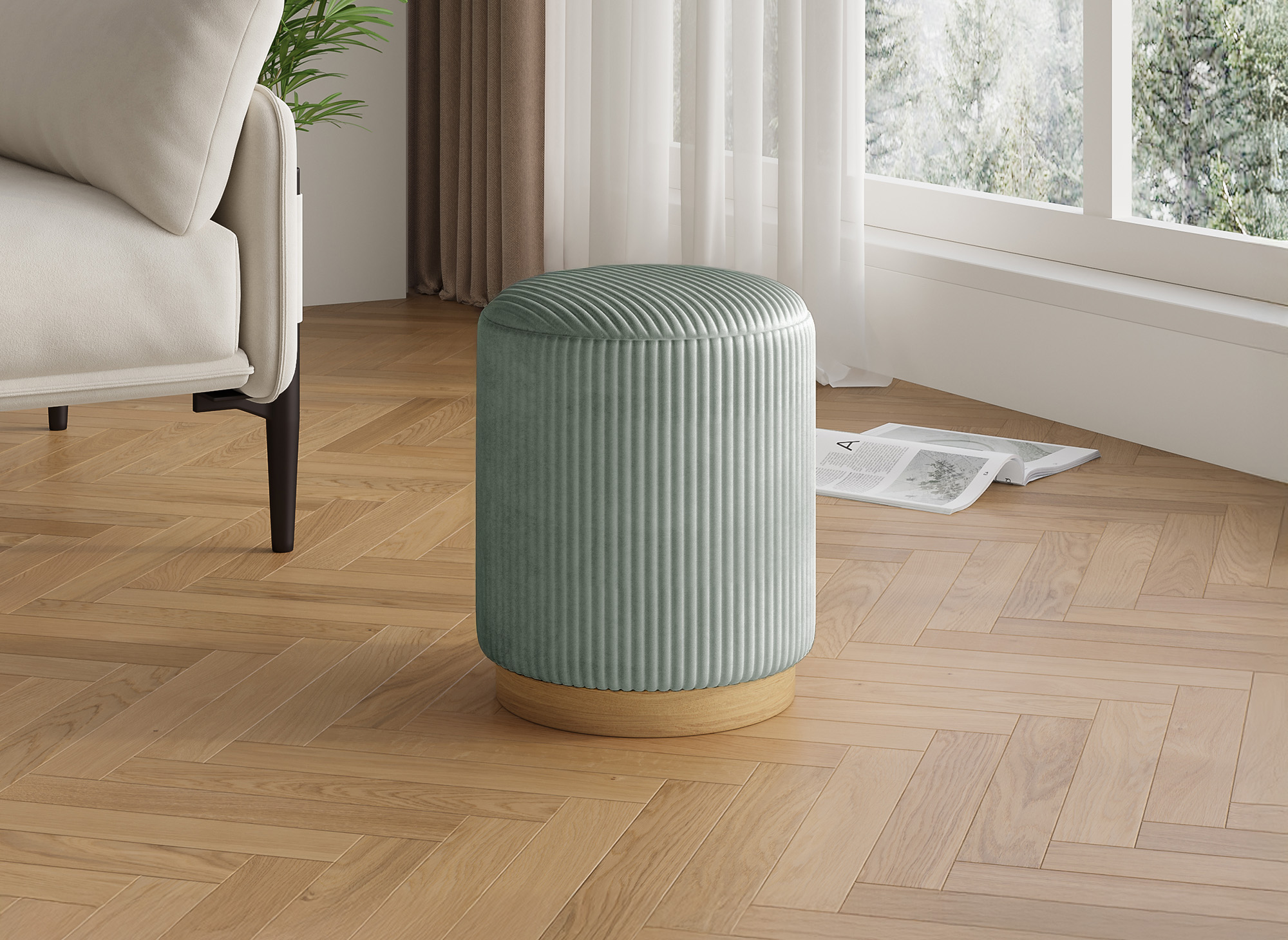 Pouf design en velours côtelé vert d'eau et bois ROY