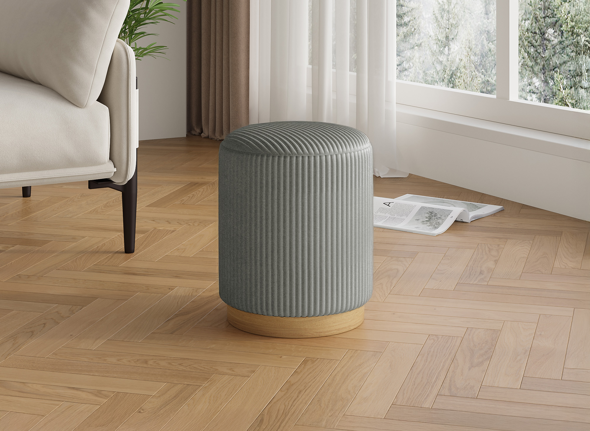 Pouf design en velours côtelé gris et bois ROY