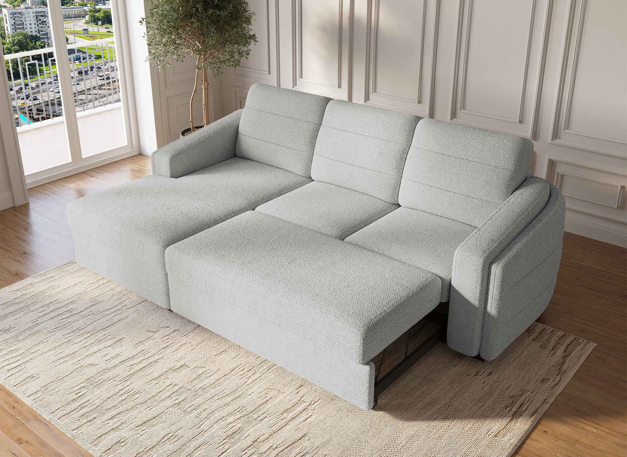 Canapé d'angle convertible avec coffre en tissu bouclette gris clair CALANDRA - Angle gauche