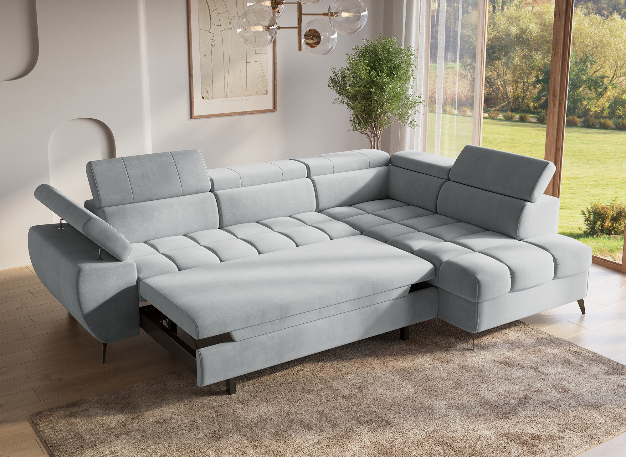 Canapé d’angle convertible matelassé avec coffre en velours gris LUCIANO - Angle droit