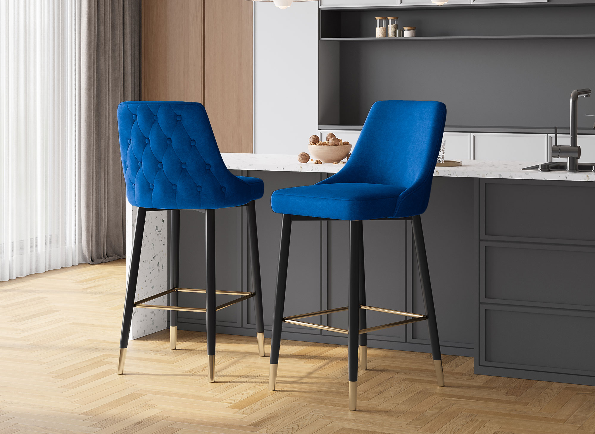 Lot de 2 tabourets de bar en velours bleu DORINA