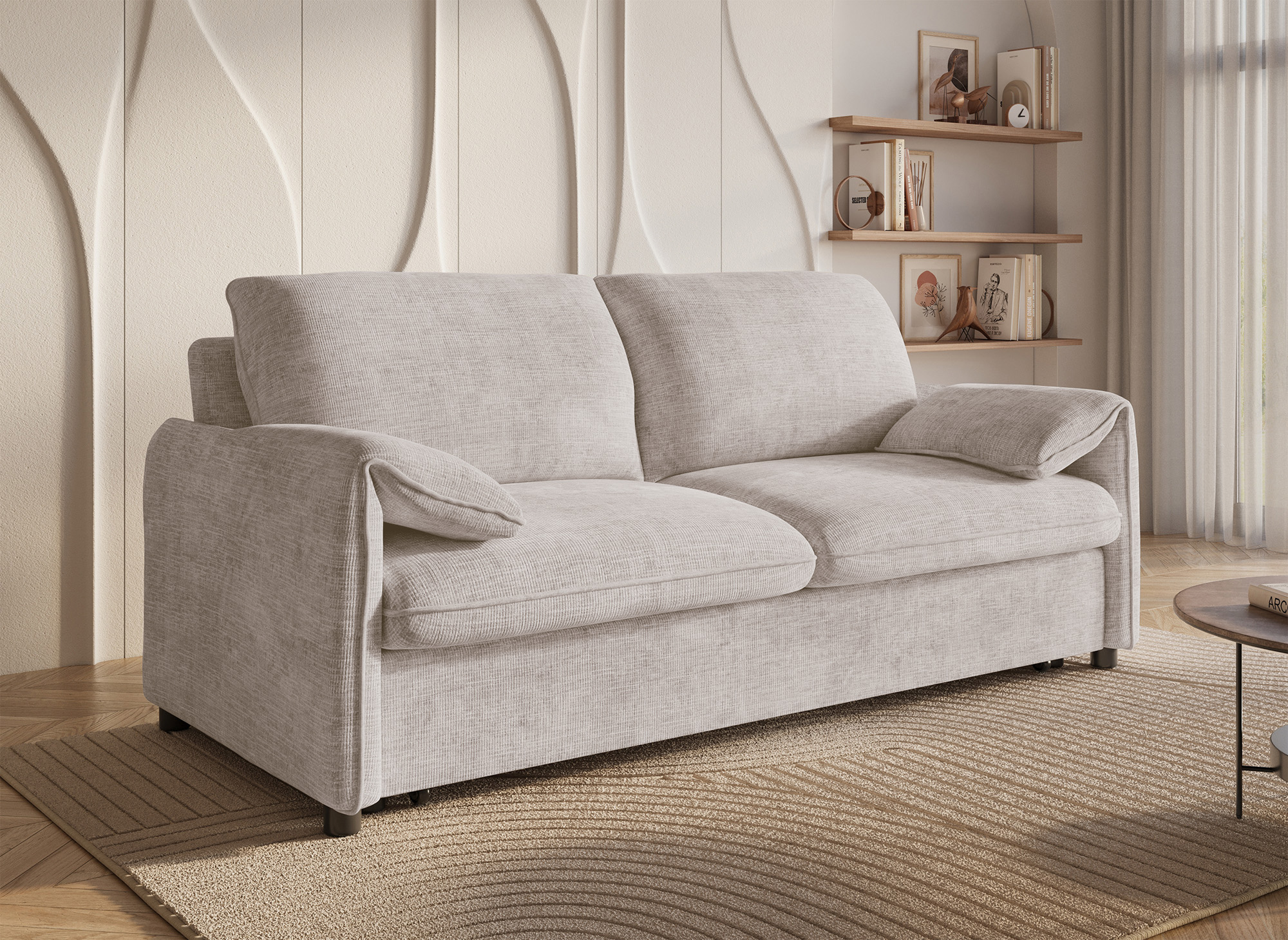 Canapé droit convertible 3 places en velours chiné beige LAMAR