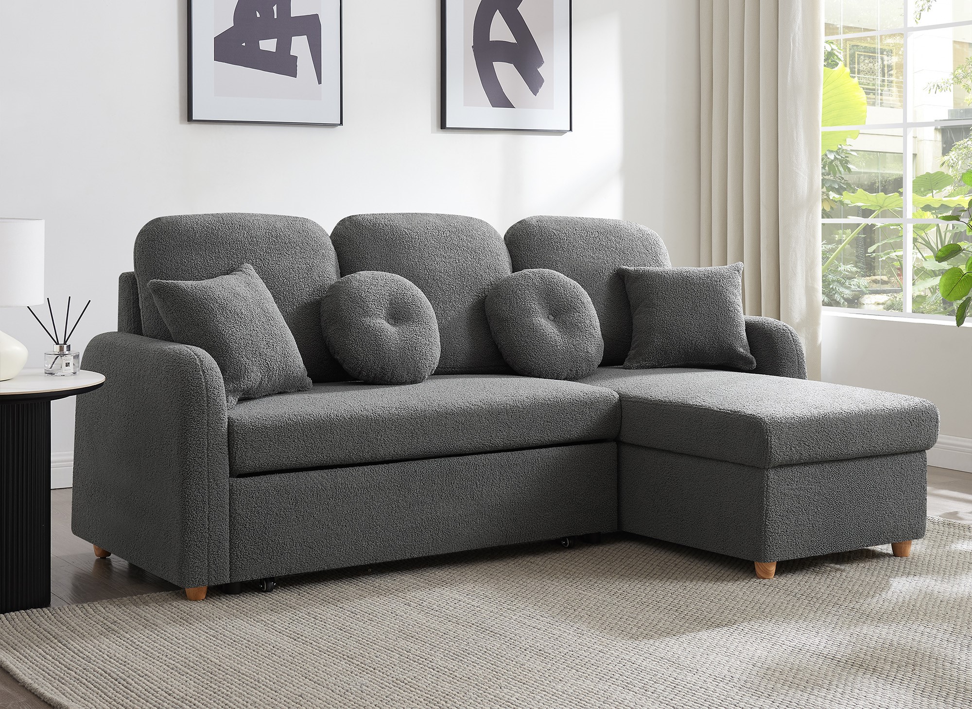 Canapé d'angle convertible et réversible avec coffre en tissu bouclette gris foncé GREGORY