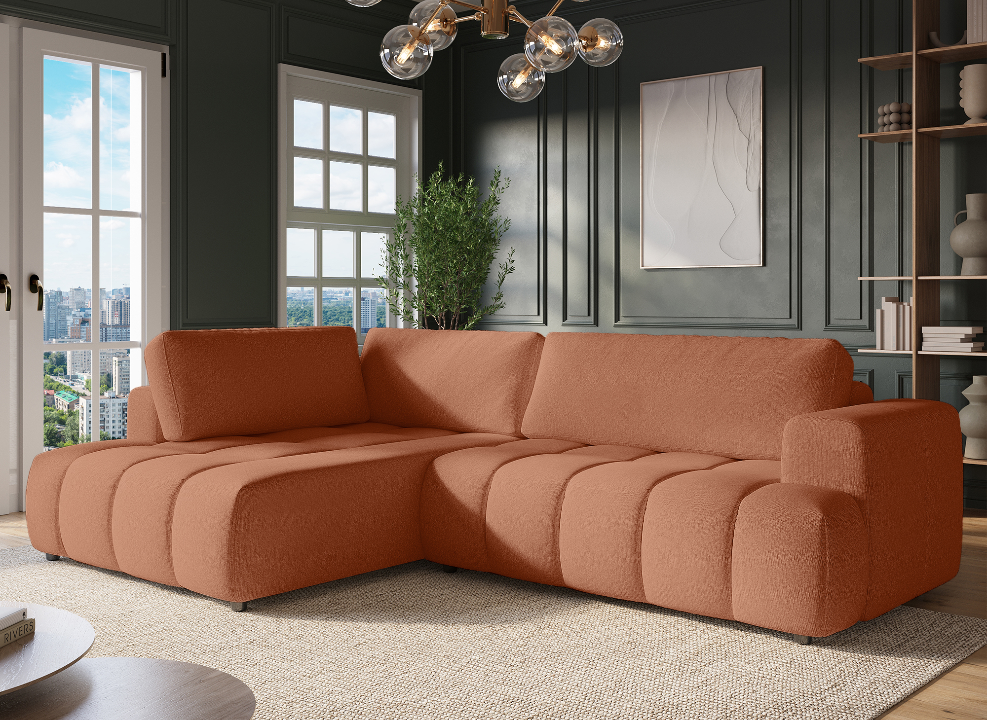 Canapé d'angle convertible avec coffre en tissu terracotta HAVEN - Angle gauche