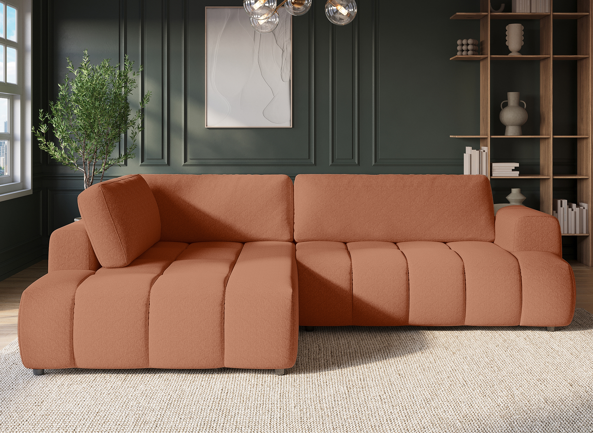 Canapé d'angle convertible avec coffre en tissu terracotta HAVEN - Angle gauche