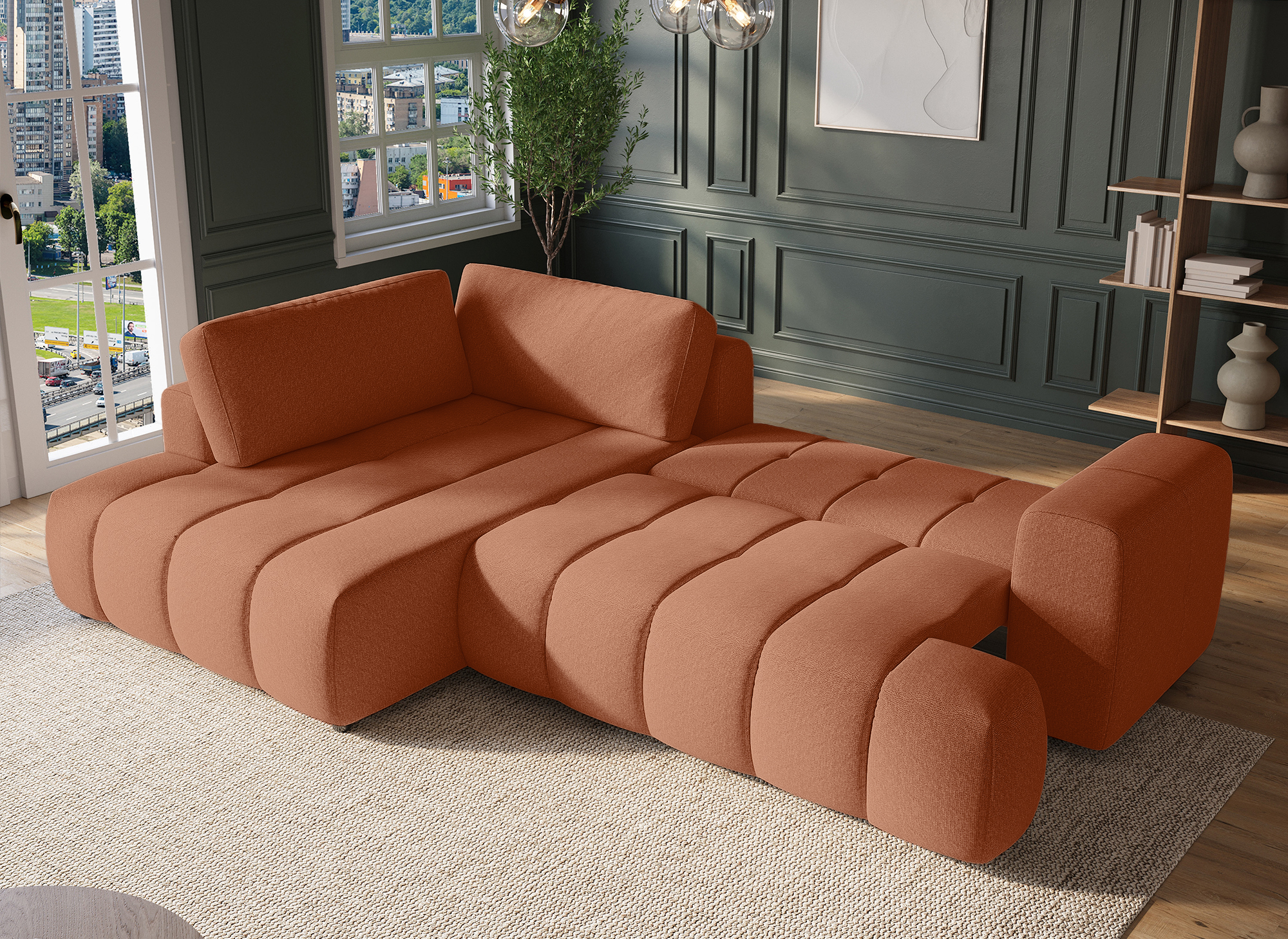 Canapé d'angle convertible avec coffre en tissu terracotta HAVEN - Angle gauche