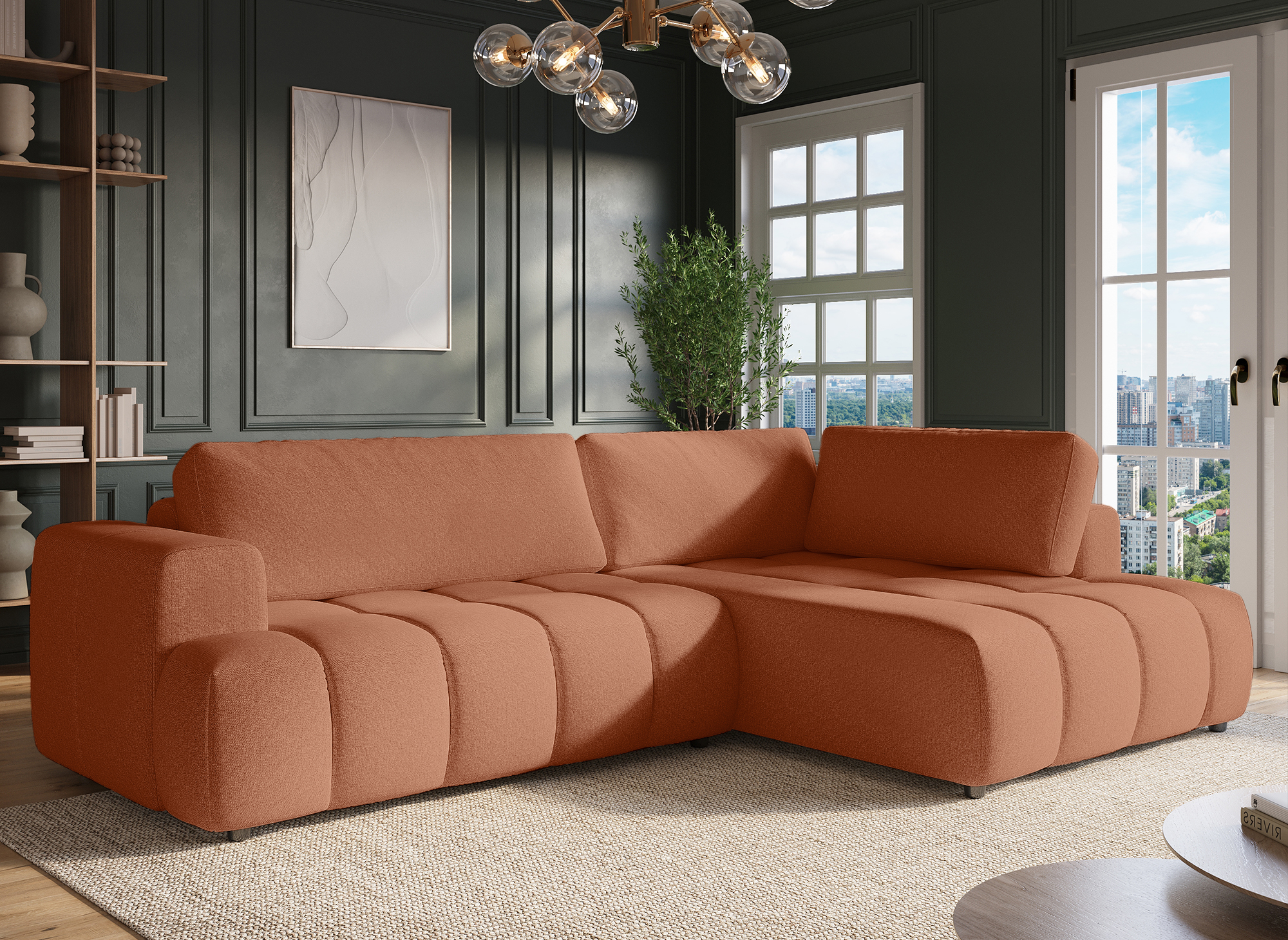 Canapé d'angle convertible avec coffre en tissu terracotta HAVEN - Angle droit