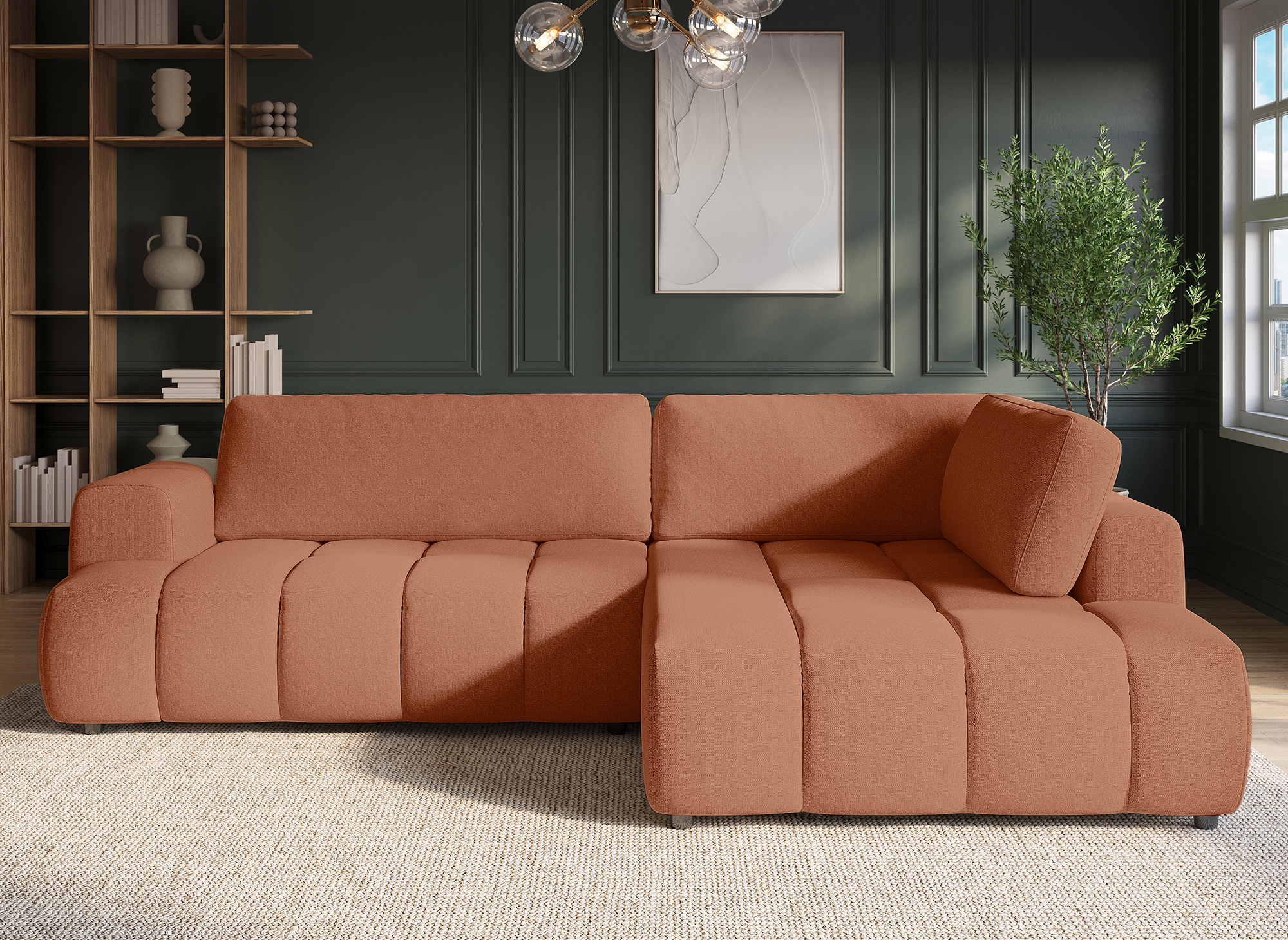 Canapé d'angle convertible avec coffre en tissu terracotta HAVEN - Angle droit