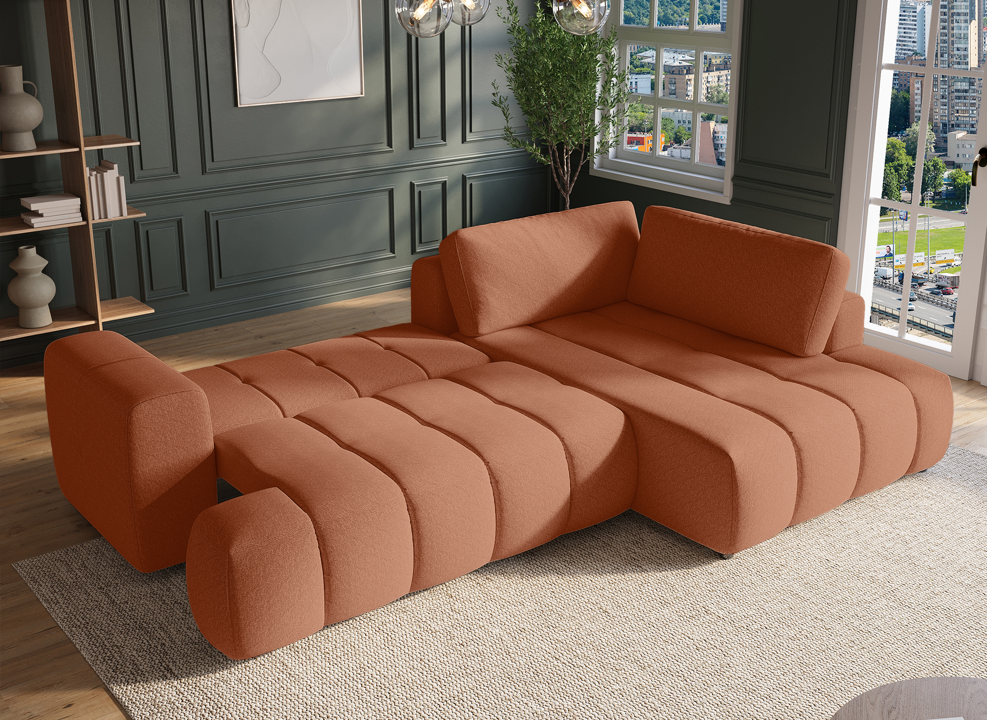 Canapé d'angle convertible avec coffre en tissu terracotta HAVEN - Angle droit