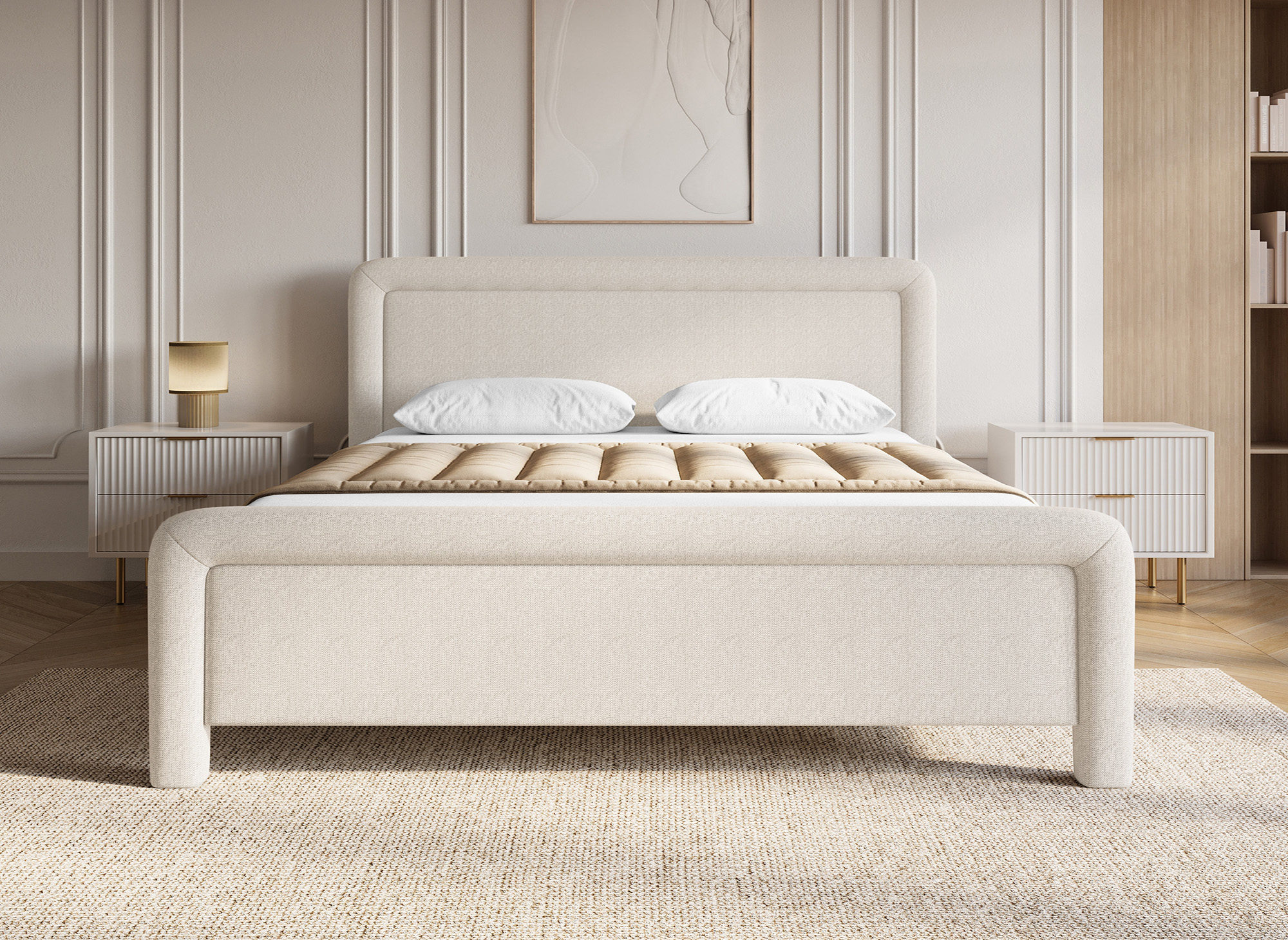 Lit double en tissu doux beige 180 x200 cm ANELA