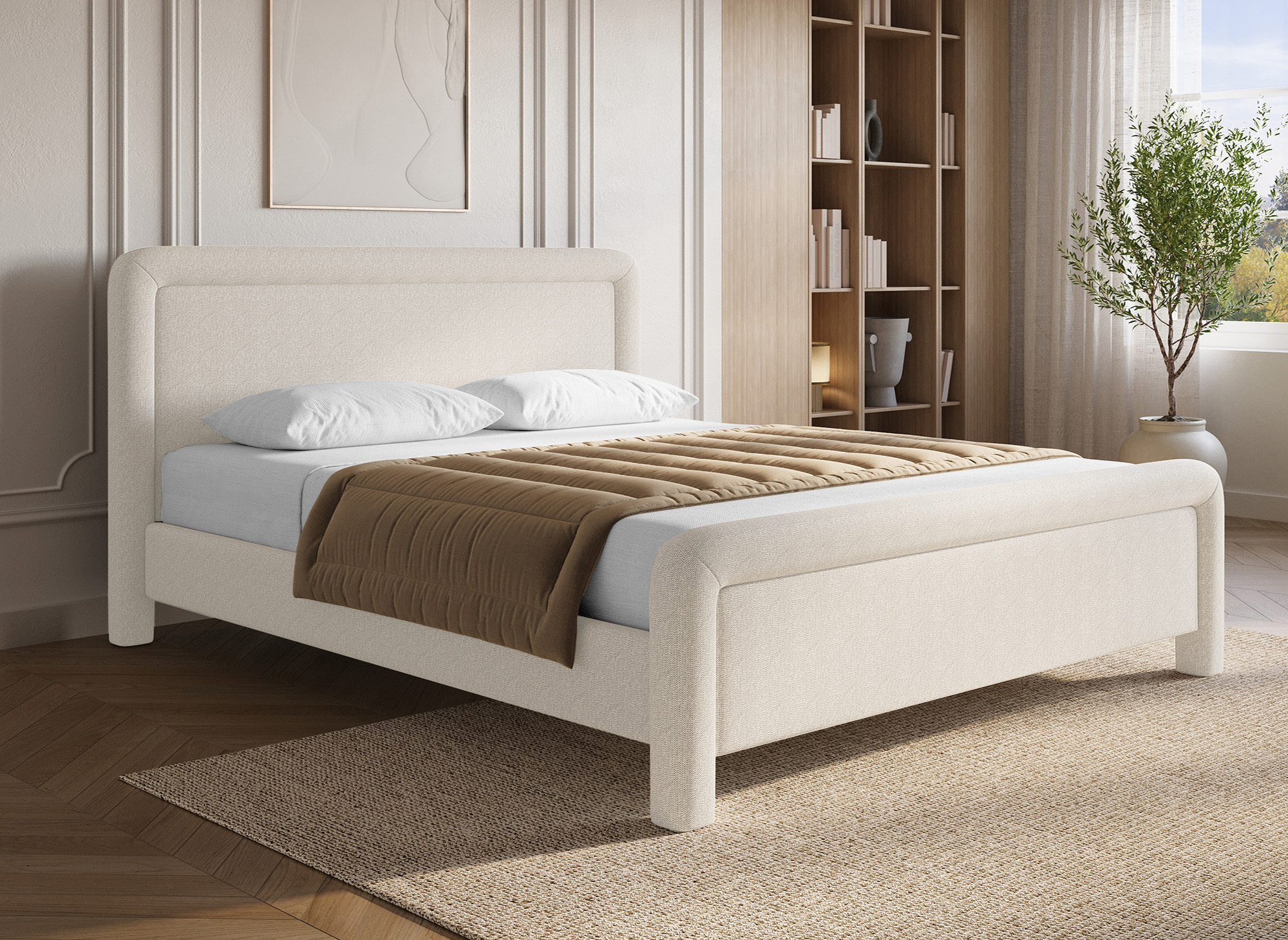 Lit double en tissu doux beige 180 x200 cm ANELA