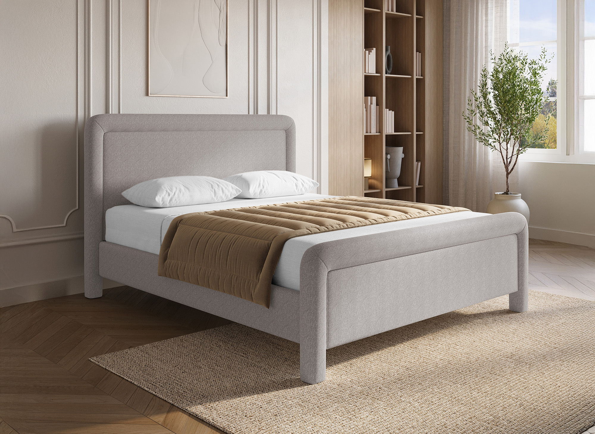 Lit double en tissu doux taupe 140 x190 cm ANELA