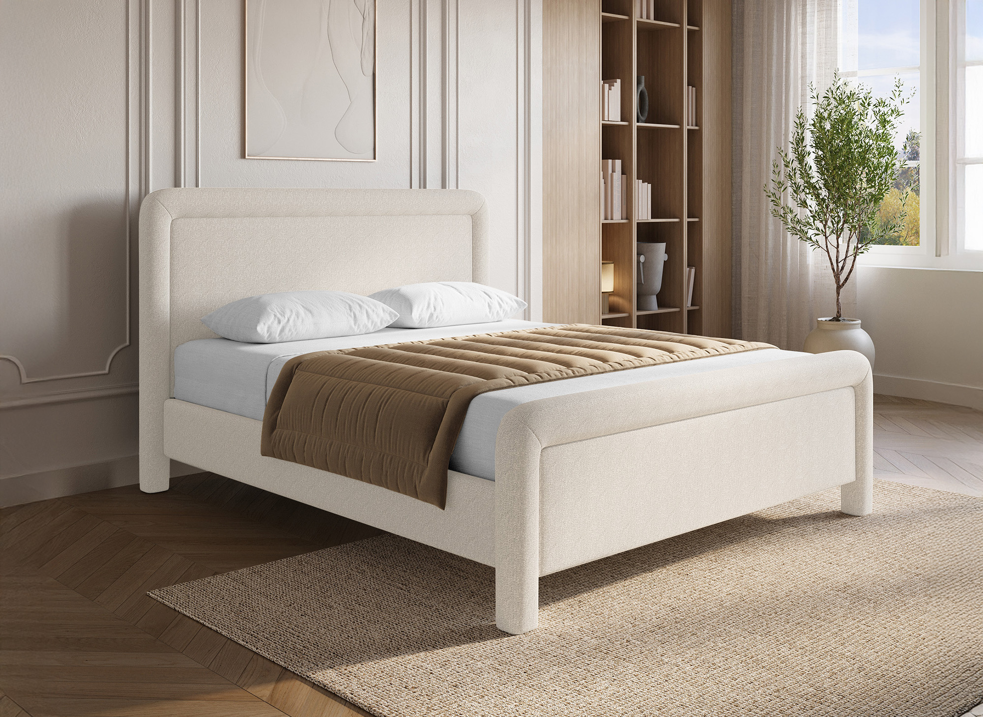 Lit double en tissu doux beige 140 x190 cm ANELA