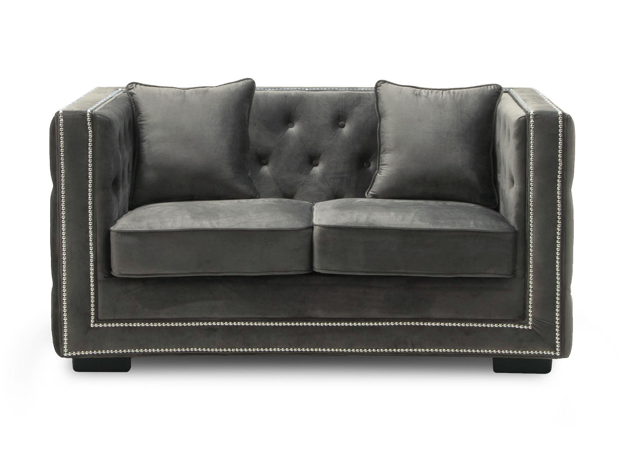 Canape 2 places capitonne chesterfield design en velours gris cube