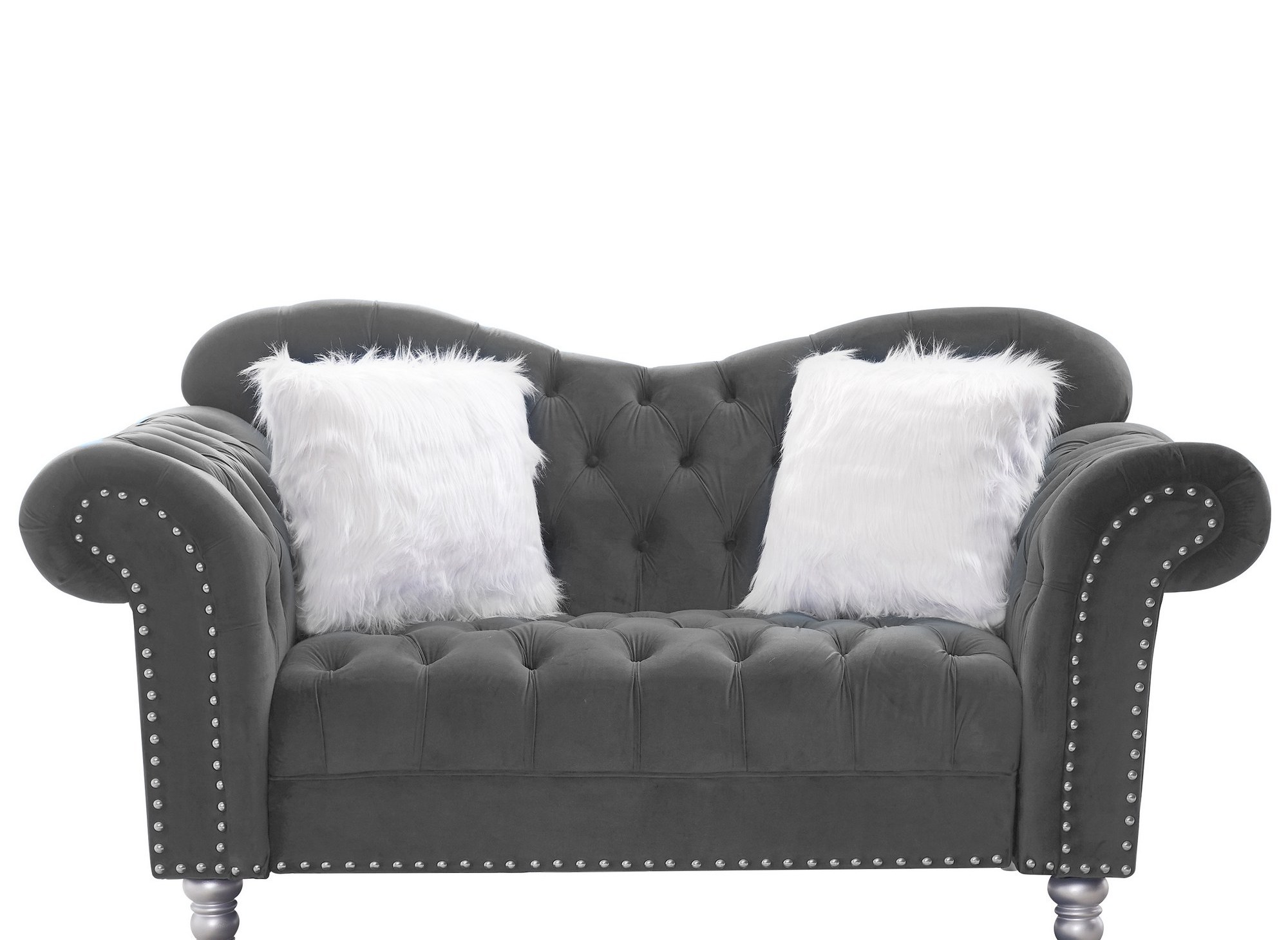 Canape 2 places chesterfield courbe en velours gris et pieds en metal ...