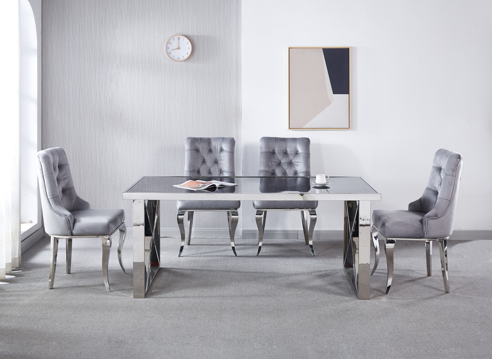 Table à manger rectangulaire design effet marbre blanc et argenté