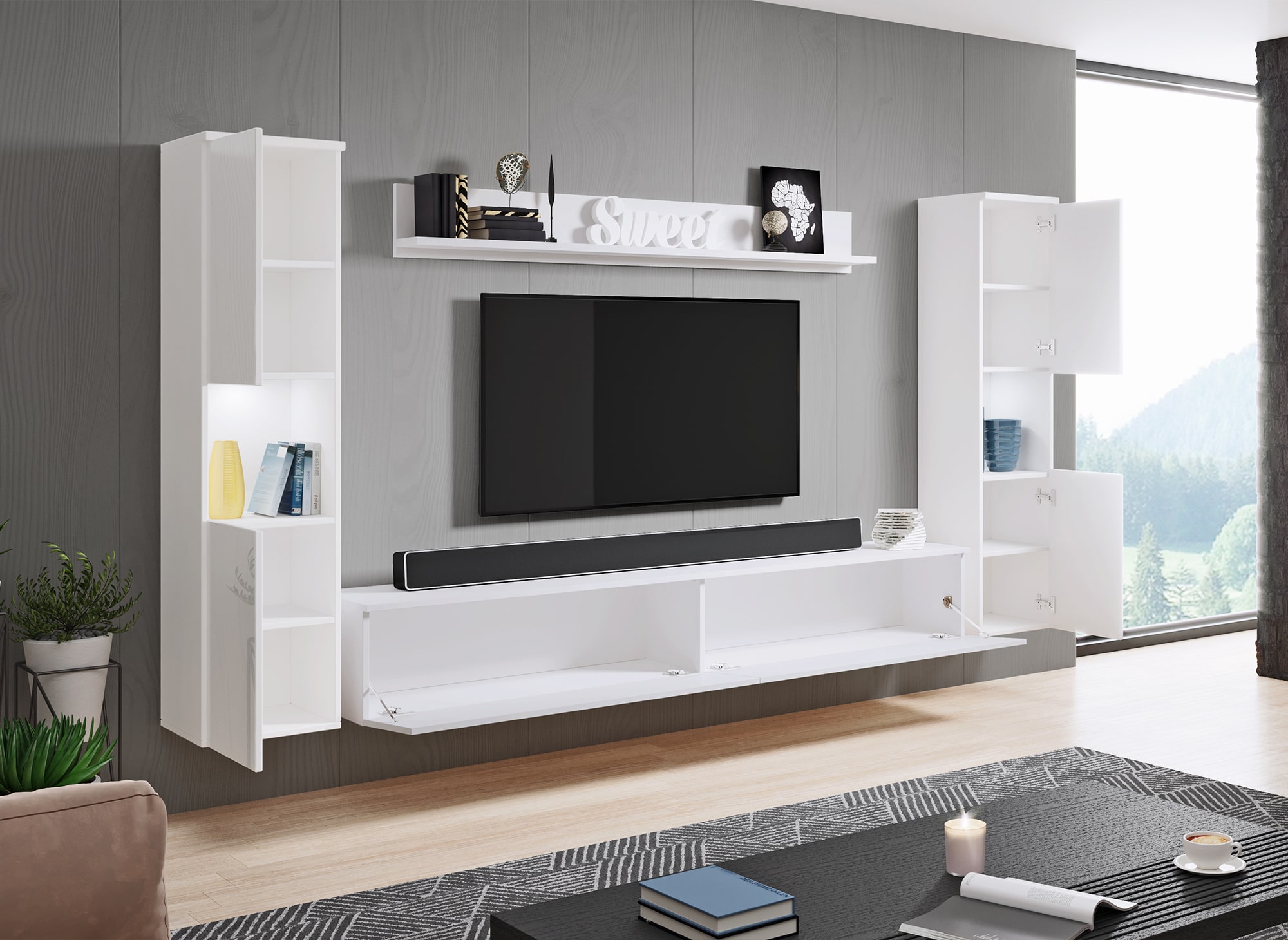 Meuble TV contemporain blanc finition brillant avec LED-ELIOTE XL