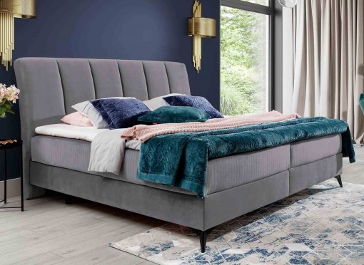 Lit boxspring 180x200 avec coffre de rangement en velours gris ADELE